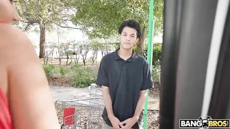 Slutty mom in red lingerie is fucking stranger guy in the bus