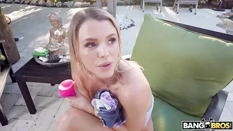 Silly blonde XXX mom is sucking giant black cock poolside