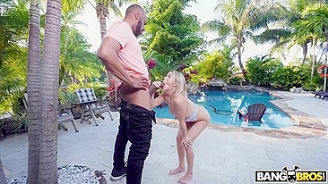 Silly blonde XXX mom is sucking giant black cock poolside