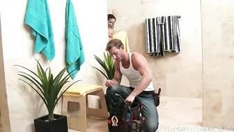 Shameless chick asks the plumber to fuck her XXX ass in the shower