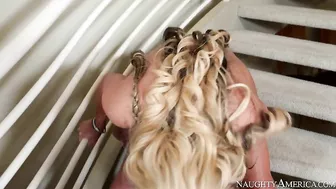 Young man fucks busty mom who rides and gives XXX blowjob on stairs