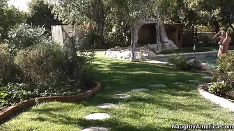 Bald guy spies on busty chick after which she gives him a blowjob