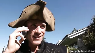 Bald guy spies on busty chick after which she gives him a blowjob