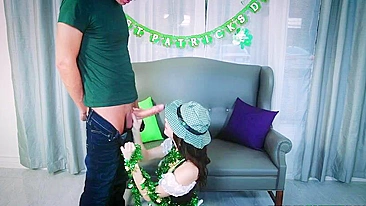 Young Irish girl gives the man deep XXX blowjob on St. Patrick's Day