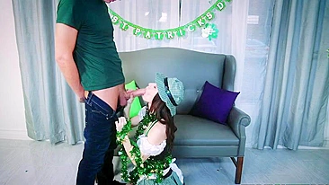 Young Irish girl gives the man deep XXX blowjob on St. Patrick's Day
