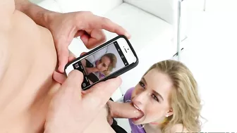 Blonde teeny poses when gargling stranger's XXX dick for the cam