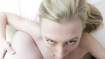 Slender blonde sucks XXX manhood and doesn't forget to worship balls