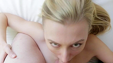 Slender blonde sucks XXX manhood and doesn't forget to worship balls