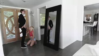 Naughty blonde gets on knees and gives friend amazing XXX blowjob