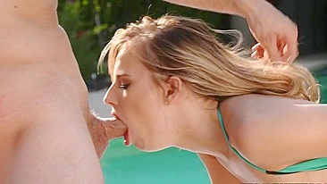 Skinny nymph deepthroats erect XXX fuckstick outdoors by the pool