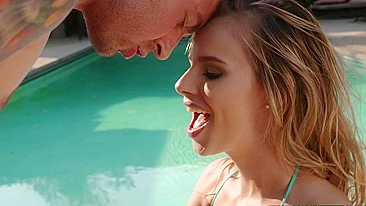 Skinny nymph deepthroats erect XXX fuckstick outdoors by the pool