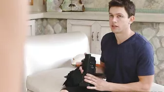 Fitness blogger stretches in hot XXX poses in front of her cameraman