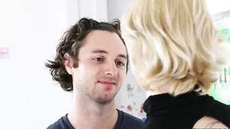 Slim blonde seduces modest friend using black dress and XXX heels