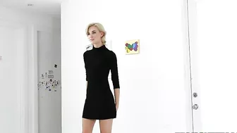 Slim blonde seduces modest friend using black dress and XXX heels