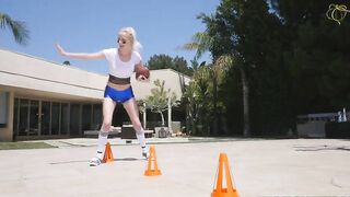 Cute blonde football player displays her XXX booty under the sun