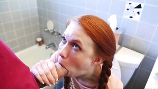 Twin-tailed redhead sucks fat XXX cock while being stuck on the can