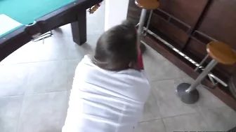 Pretty hottie bends over pool table and gets slammed in XXX doggy