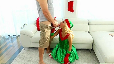Adorable blond elf takes bruiser's XXX bulge into her sweet mouth