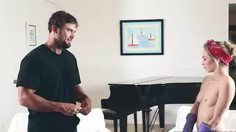 Homeowner pays petite babe to nail her but she starts with XXX handjob