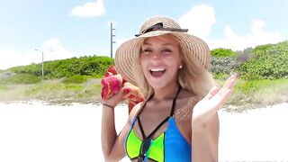 Chick flirts with boy who worships tiny anus in the beach XXX video