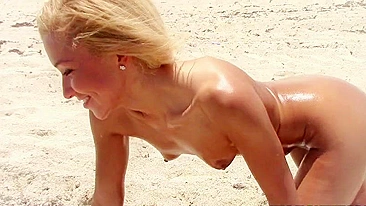 Chick flirts with boy who worships tiny anus in the beach XXX video
