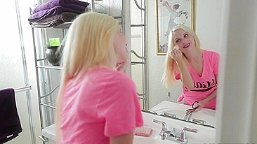 XXX sex footage starts with putting makeup on for the blonde girl