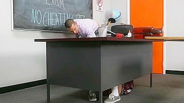 Skinny in awesome XXX video where she tempts teacher into a blowjob