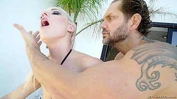 After short blowjob, man licks white-haired Blanche Bradburry's and fucks her from behind by the pool