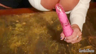 British blonde with incredibly huge breasts Candy Charms toys pussy on table