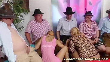 Two naughty blonde sluts are ready to satisfy group of native Germans