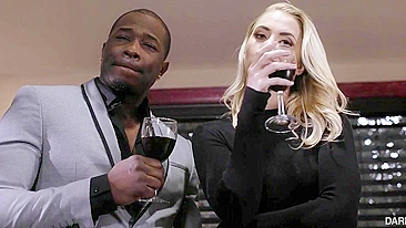 Blonde Sierra Nicole and muscled black man have hot sex after wine