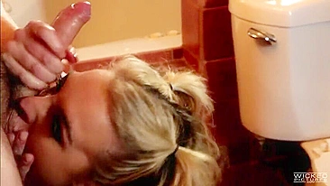 Blonde Keira Nicole initiates sex with bearded man in bathroom
