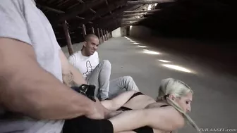 Two hungry friends nail teen blondie in the dusty attic Two hungry friends nail teen blondie in the dusty attic
