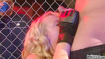 Blonde MILF sucks and fucks in the ring instead of fighting