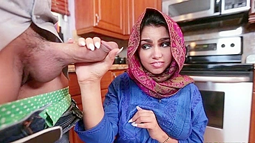 Slut in hijab is coerced into giving boss a XXX blowjob in the kitchen
