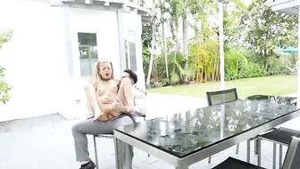 Pigtailed Asian girl with small tits slides her shaved pussy on a hard dick