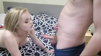 Young sister with fine tits opens her mouth wide to suck brother's cock
