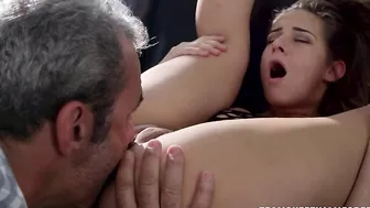 Frisky brunette in high heels moans with delight as stepdad licks her wet pussy