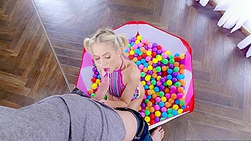 Canadian blonde teen Sky Pierce gives XXX blowjob among colorful balls