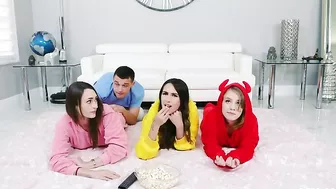 XXX fucker drills mouth of girl in red suit while besties don't see