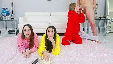 XXX fucker drills mouth of girl in red suit while besties don't see