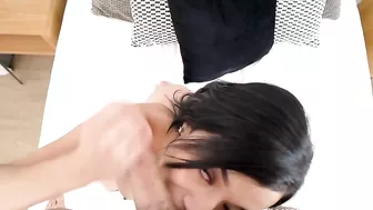 Girl with black eyes and hair gives a XXX blowjob to the porn man