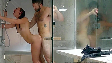 Chick with tiny tits fools around with bearded XXX boyfriend in shower