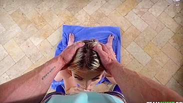 Girl sucks and looks into man's eyes during XXX blowjob outdoors