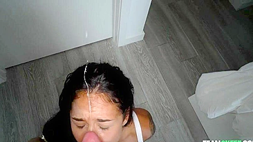 On floor the young Latina woman masturbates to XXX facial cumshot