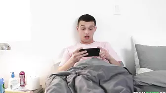 Slim brunette seduces roommate using her perfect round XXX boobs