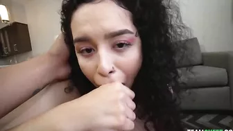 Curly-haired Latina sucks XXX boner and licks agent's balls in POV