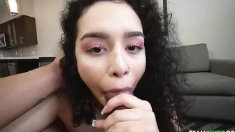 Curly-haired Latina sucks XXX boner and licks agent's balls in POV