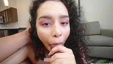 Curly-haired Latina sucks XXX boner and licks agent's balls in POV