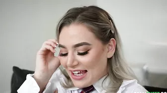 Bimbo blonde permits classmate to touch her trimmed XXX vagina